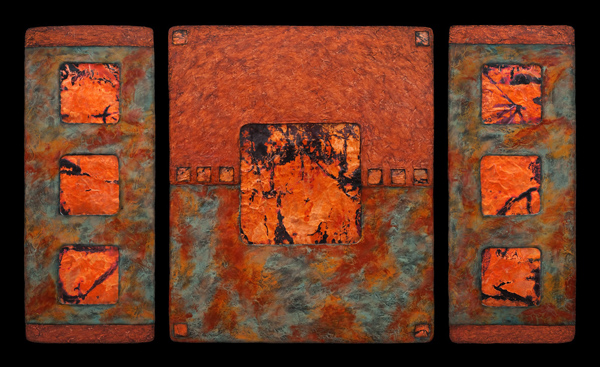 Earth & Fire L Sage Triptych - Handcast Paper, Mixed Media - 32 x 55