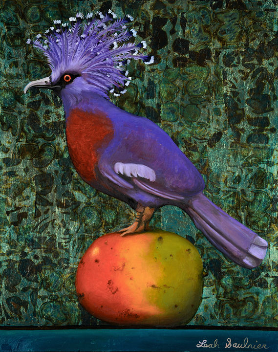 Victoria Pigeon on Mango - Oil and Metal Leaf - 20 x16